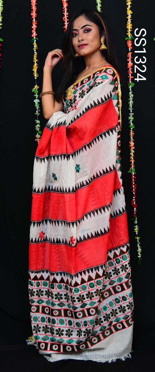 Beige Red Bangladesh Pure Cotton Handloom Sarees - Dailybuyys