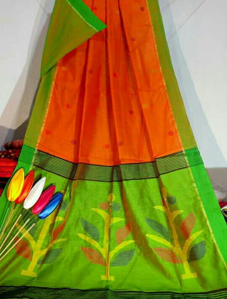 Orange Green Handloom Resom Jamdani Sarees