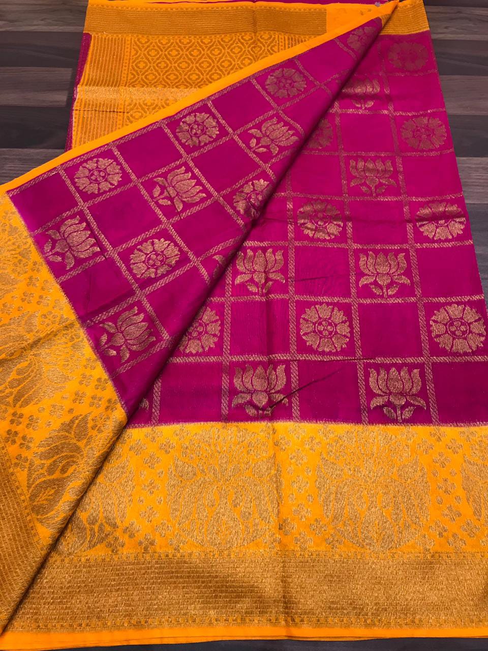 Purple Yellow Dupion Silk Sarees - Dailybuyys