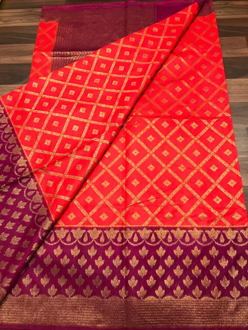 Orange Purple Dupion Silk Sarees - Dailybuyys