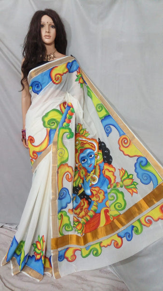 White Hand Painted Pure Cotton Handloom Sarees