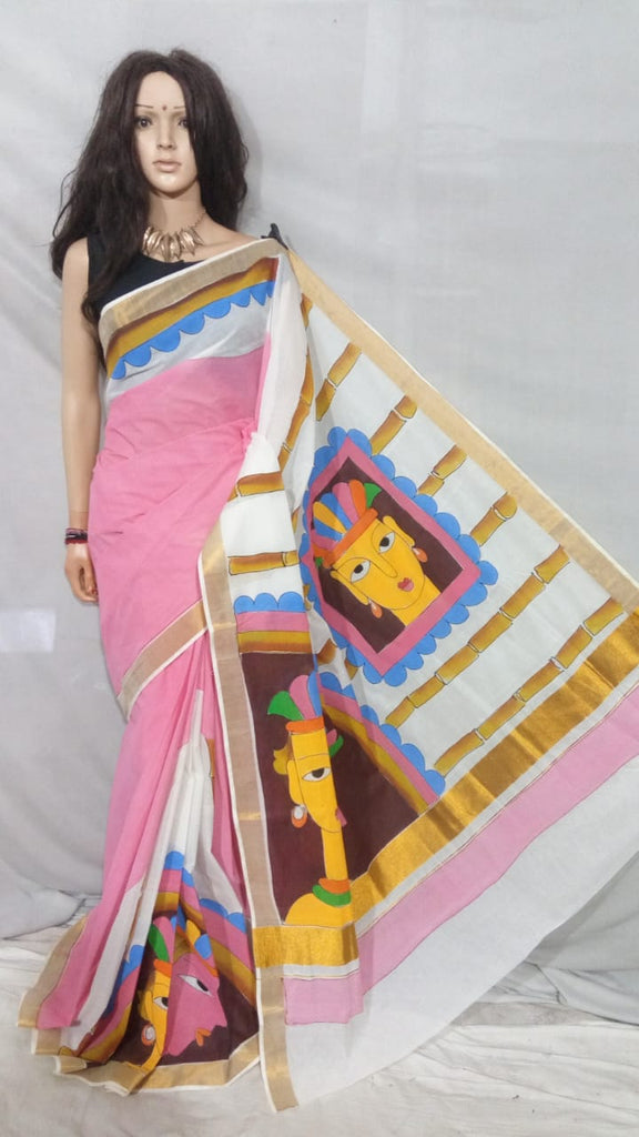 Pink Hand Painted Pure Cotton Handloom Sarees
