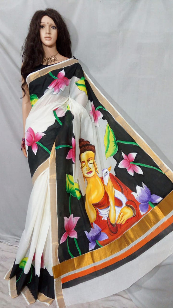 White Hand Painted Pure Cotton Handloom Sarees