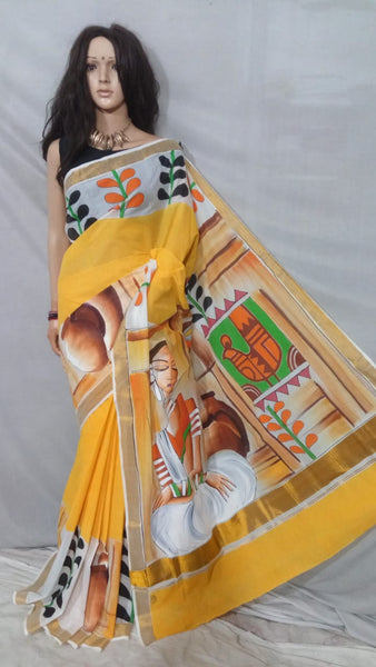 Yellow Hand Painted Pure Cotton Handloom Sarees
