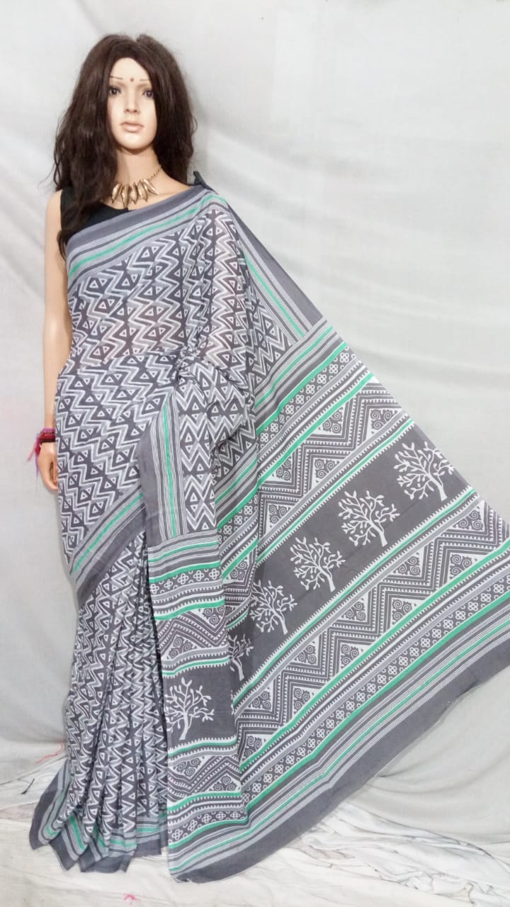 Grey Bagru Printed Pure Cotton Sarees - Dailybuyys