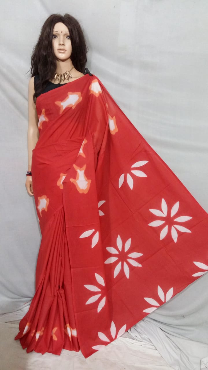 Red Bagru Printed Pure Cotton Sarees - Dailybuyys