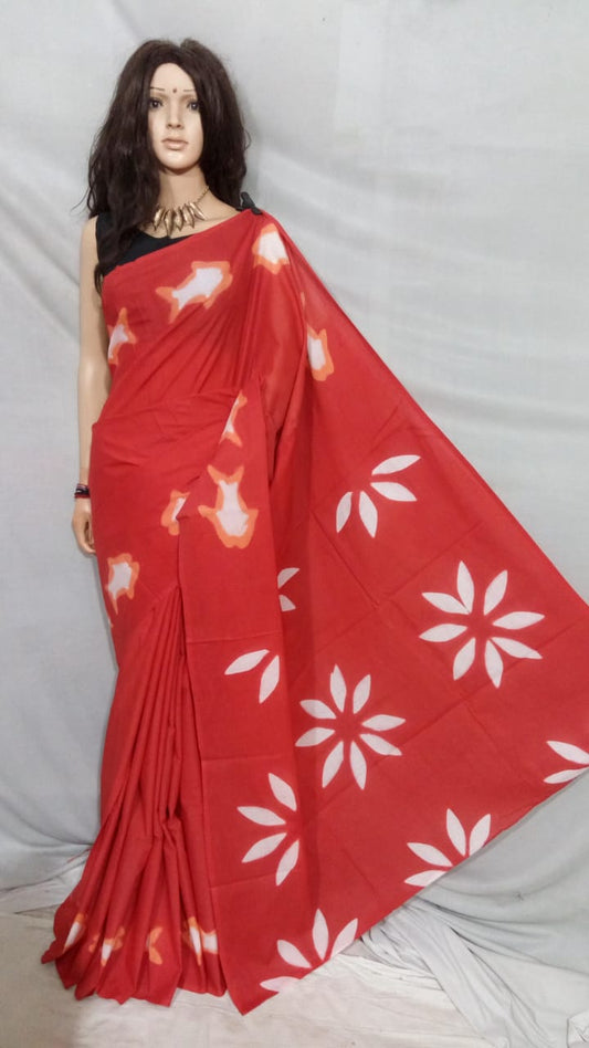 Red Bagru Printed Pure Cotton Sarees - Dailybuyys