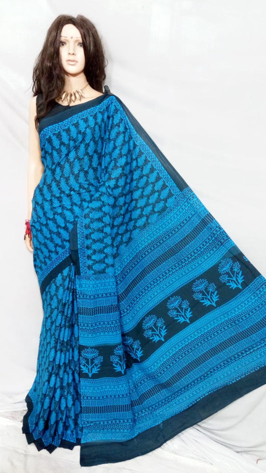 Blue Bagru Printed Pure Cotton Sarees - Dailybuyys