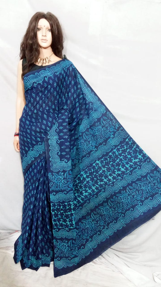 Blue Bagru Printed Pure Cotton Sarees - Dailybuyys