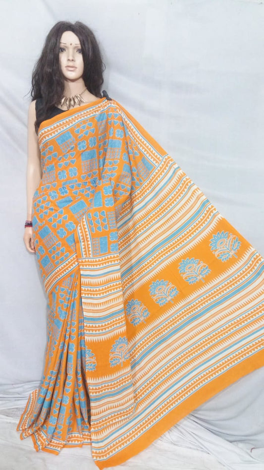 Yellow Bagru Printed Pure Cotton Sarees - Dailybuyys