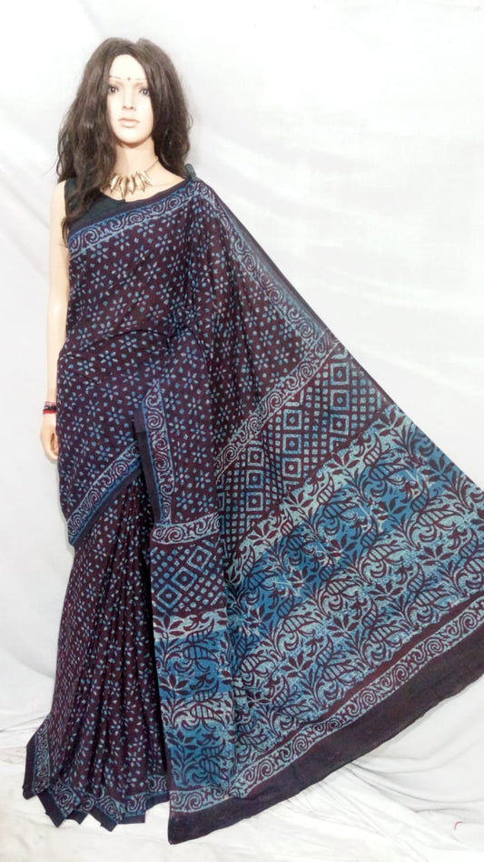 Blue Bagru Printed Pure Cotton Sarees - Dailybuyys