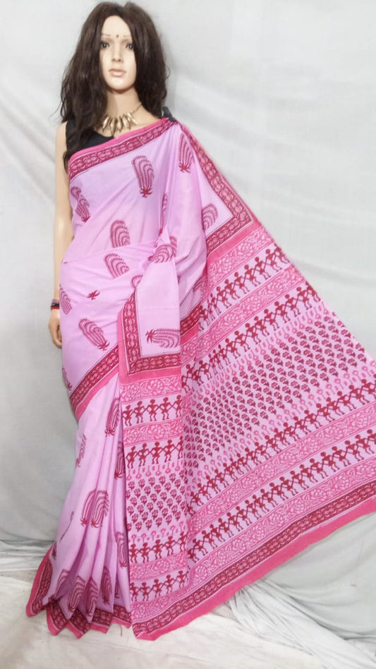 Pink Bagru Printed Pure Cotton Sarees - Dailybuyys