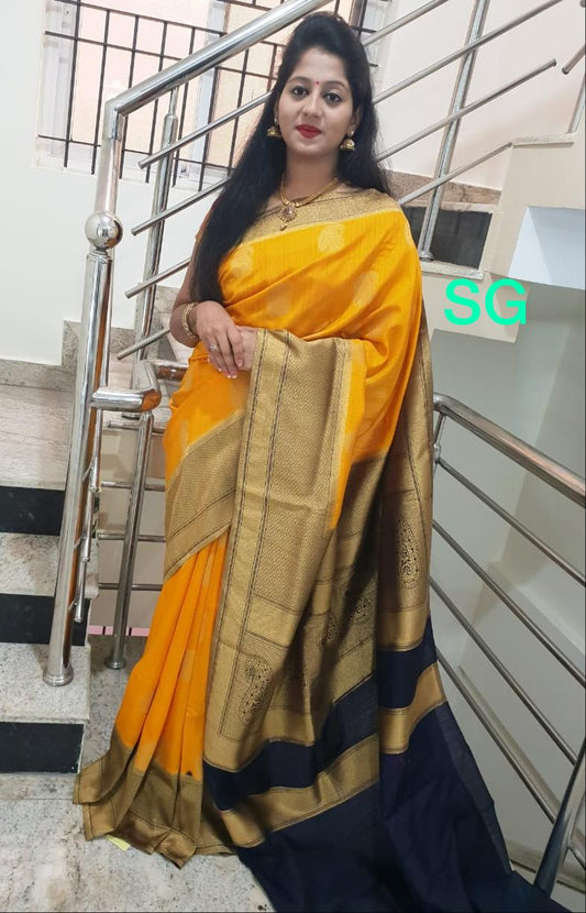 Yellow Black Banarasi Silk Sarees - Dailybuyys