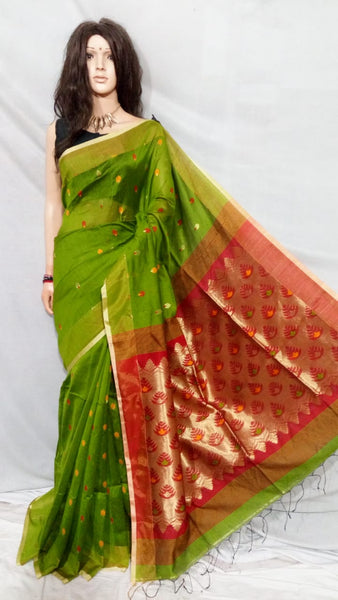 Green Red Pure Cotton Handloom Sarees