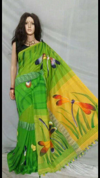 Green ,Yellow Bengal Handloom Sarees