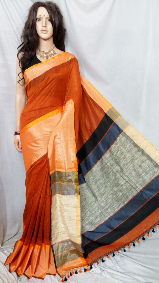 Red Orange Pure Cotton Silk Sarees - Dailybuyys