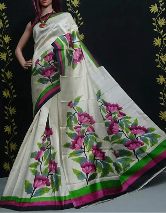 Beige Pure KK Hand Painted Silk Mark Certified Bishnupuri Silk Sarees - Dailybuyys