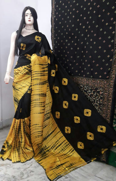 Black Yellow Pure KK Block Printed Silk Mark Certified Bishnupuri Silk Sarees