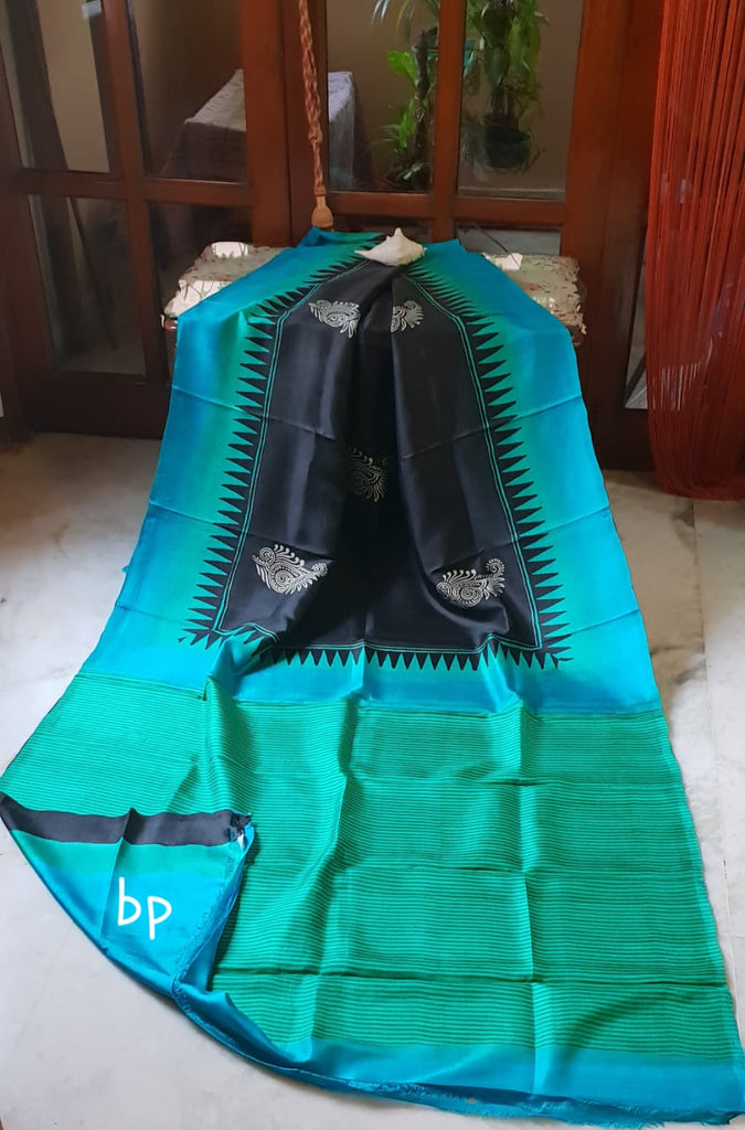 Blue Kolka Discharge Block Printed Pure Silk Mark Certified Bishnupuri Silk Sarees Get Extra 10% Discount on All Prepaid Transaction