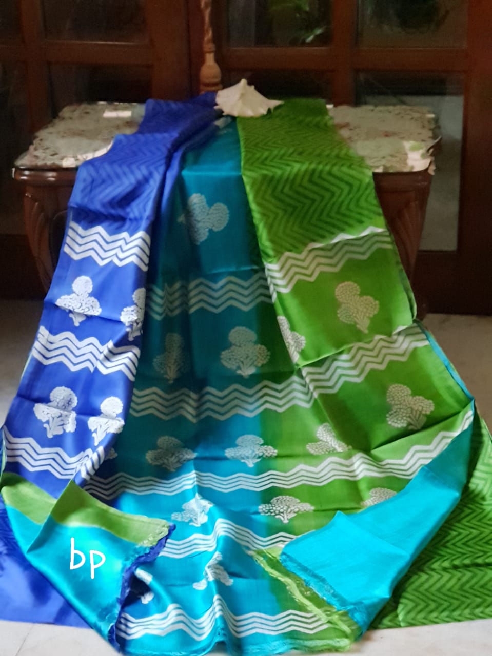 Blue Green Pure KK Block Printed Silk Mark Certified Bishnupuri Silk Sarees - Dailybuyys