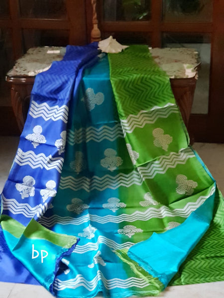 Blue Green Pure KK Block Printed Silk Mark Certified Bishnupuri Silk Sarees