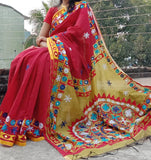 Red Mirror Work Handloom Sarees Get Extra 10% Discount on All Prepaid Transaction