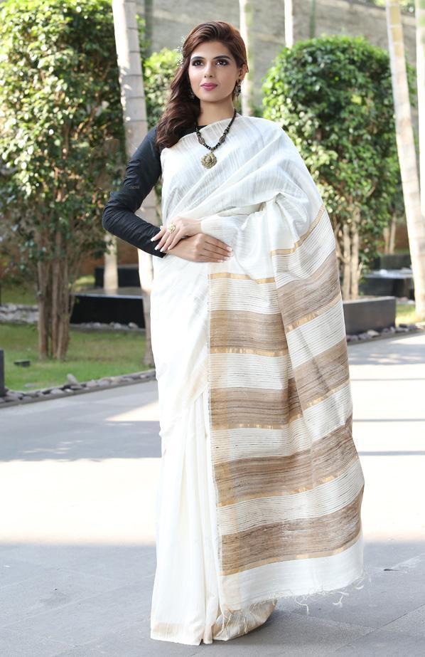 White Handwoven Dupion Silk Sarees Get Extra 10% Discount on All Prepaid Transaction