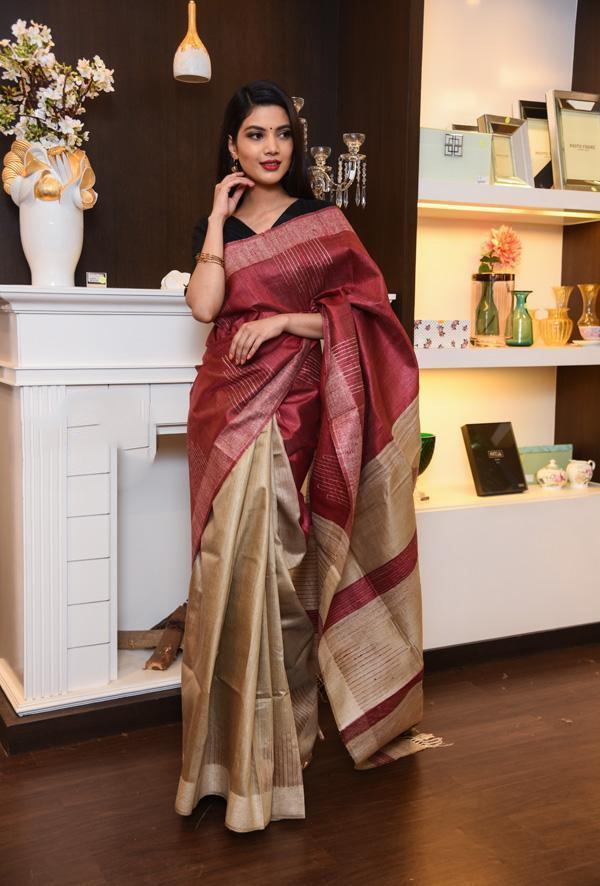 Maroon Handwoven Dupion Silk Sarees Get Extra 10% Discount on All Prepaid Transaction