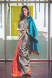 Grey Blue Handwoven Dupion Silk Sarees Get Extra 10% Discount on All Prepaid Transaction