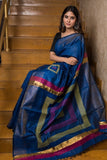 Blue Handwoven Dupion Silk Sarees Get Extra 10% Discount on All Prepaid Transaction