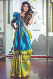Yellow Blue Handwoven Dupion Silk Sarees Get Extra 10% Discount on All Prepaid Transaction