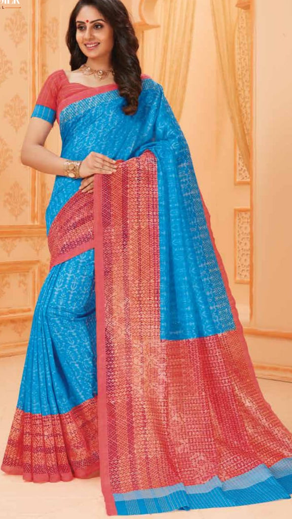 Blue Red Bhagalpuri Silk Sarees Get Extra 10% Discount on All Prepaid Transaction