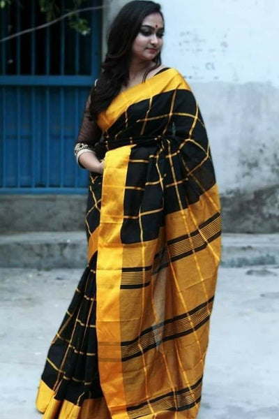 Black Yellow  Zari Border Pure Silk Mark Certified Tussar Silk Sarees