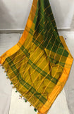 Yellow Green Block Printed Zari Border Pure Silk Mark Certified Tussar Ghicha Silk Sarees