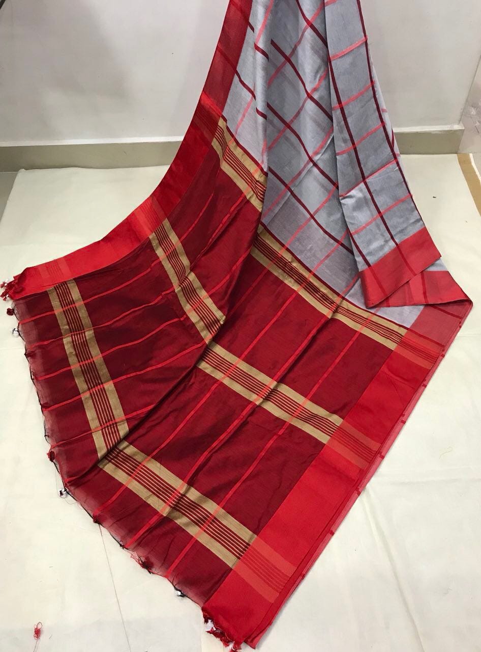Red White Block Printed Zari Border Pure Silk Mark Certified Tussar Ghicha Silk Sarees - Dailybuyys
