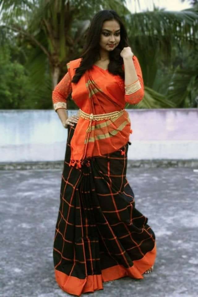 Orange Black Block Printed Zari Border Pure Silk Mark Certified Tussar Ghicha Silk Sarees - Dailybuyys