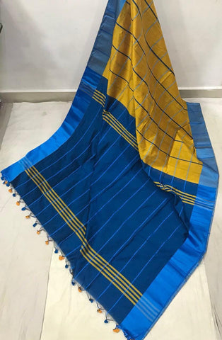Blue Yellow Block Printed Zari Border Pure Silk Mark Certified Tussar Ghicha Silk Sarees Get Extra 10% Discount on All Prepaid Transaction