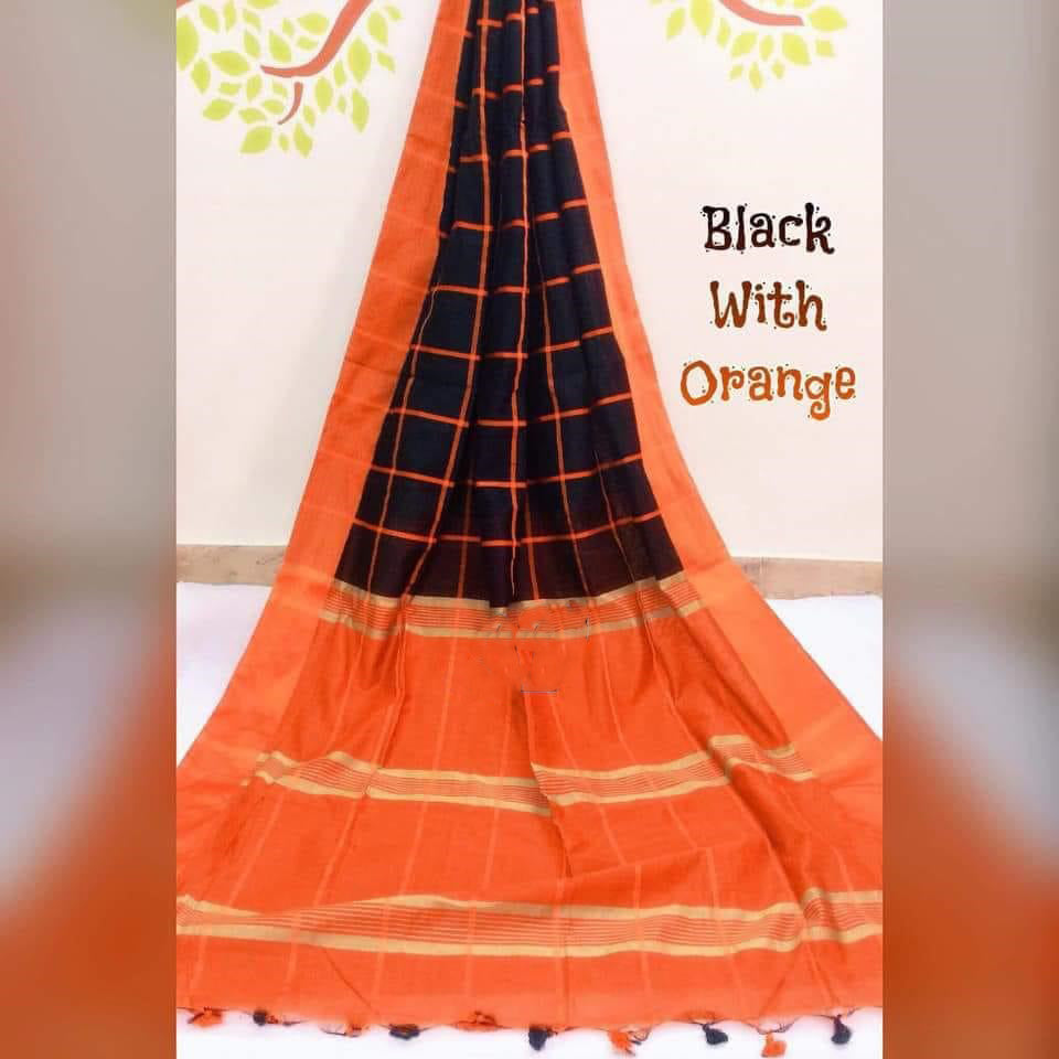 Black Orange  Block Printed Zari Border Pure Silk Mark Certified Tussar Silk Sarees