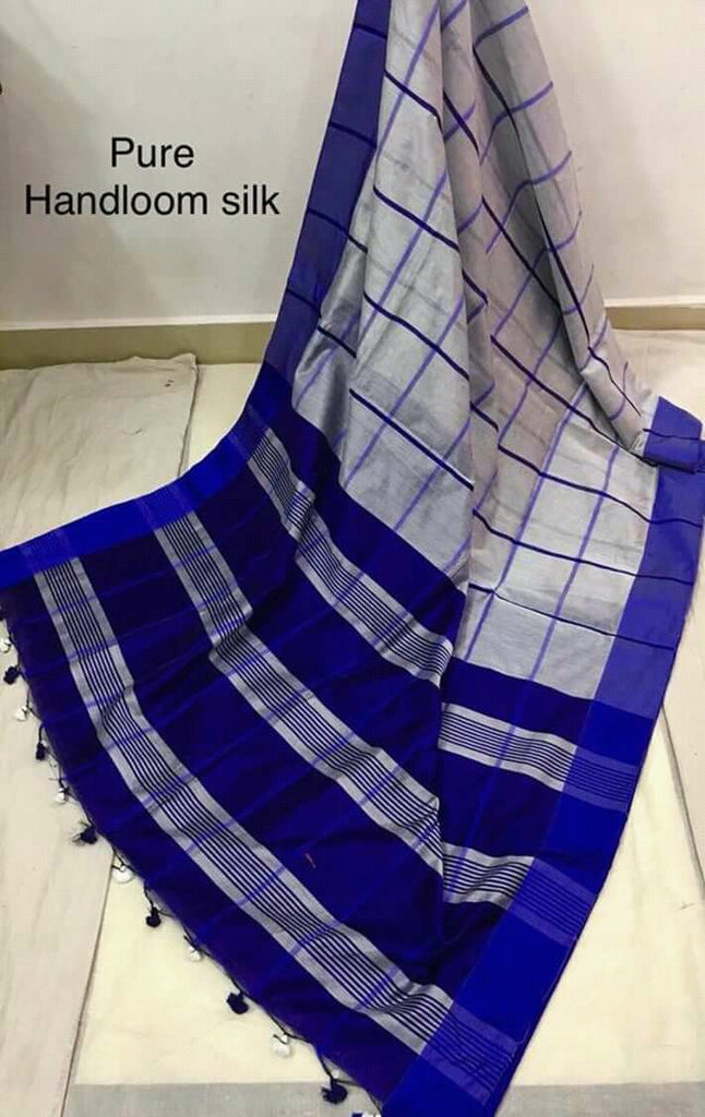 Blue Beige Block Printed Zari Border Pure Silk Mark Certified Tussar Ghicha Silk Sarees Get Extra 10% Discount on All Prepaid Transaction