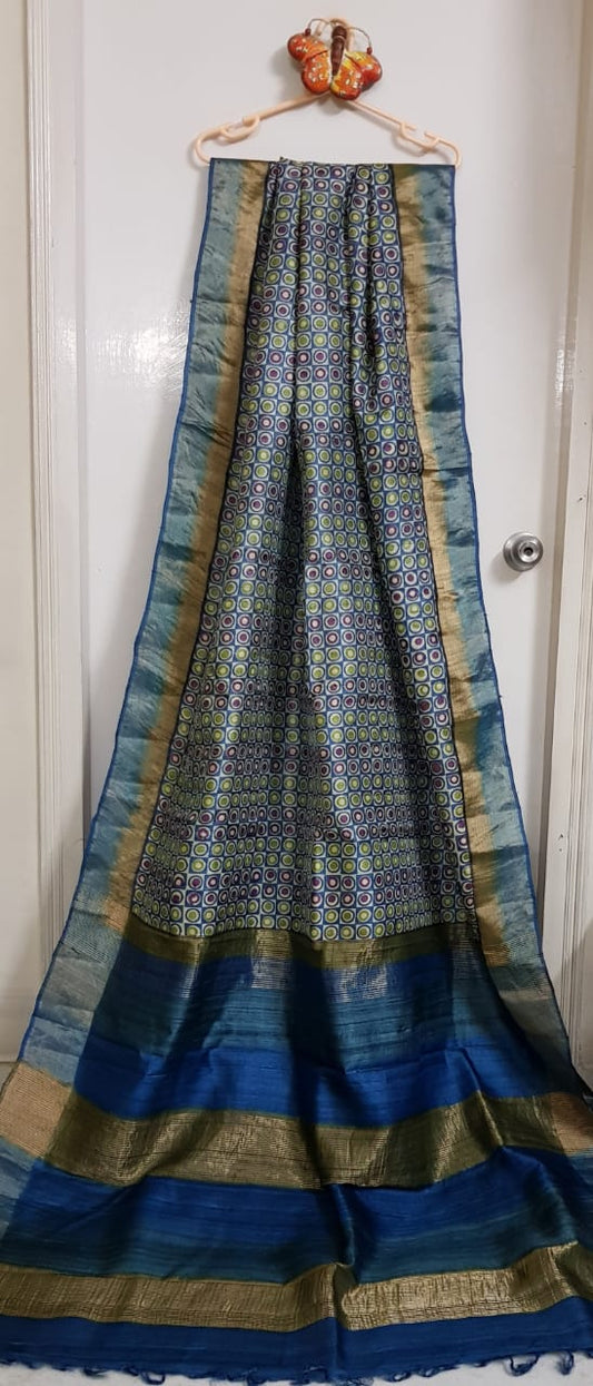 Grey Zari  Block Printed Zari Border Pure Silk Mark Certified Tussar Silk Sarees - Dailybuyys