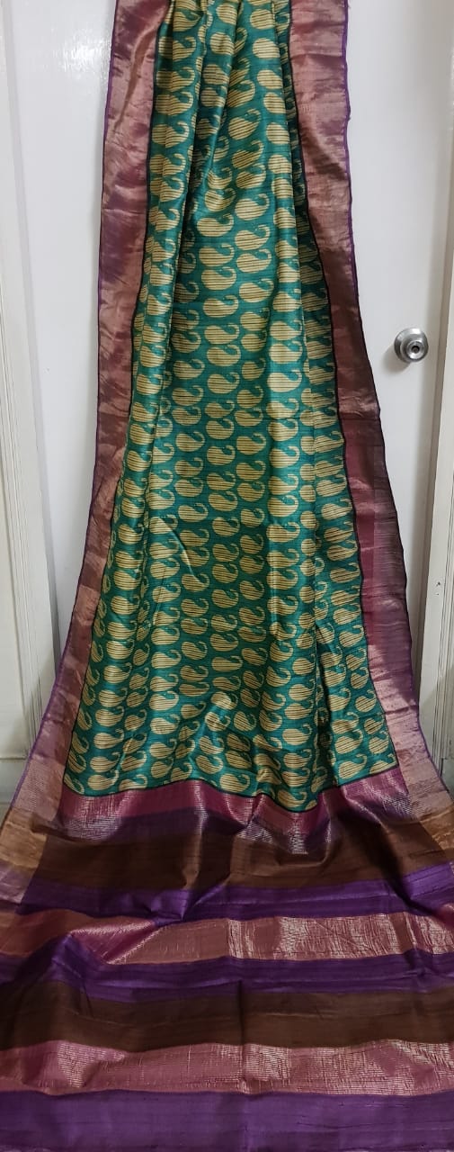 Green Zari  Block Printed Zari Border Pure Silk Mark Certified Tussar Silk Sarees - Dailybuyys