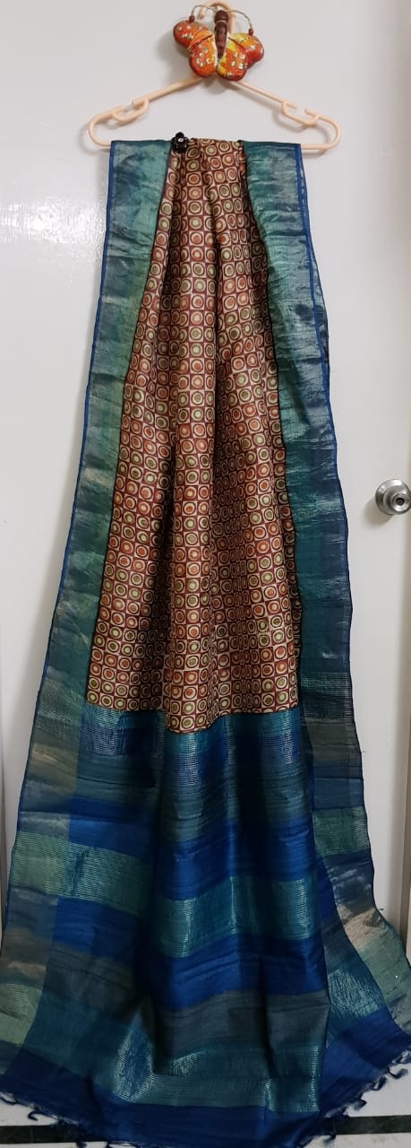 Blue Brown Block Printed Zari Border Pure Silk Mark Certified Tussar Silk Sarees - Dailybuyys