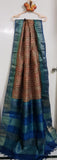 Blue Brown Block Printed Zari Border Pure Silk Mark Certified Tussar Silk Sarees
