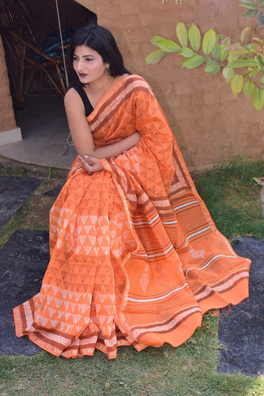 Orange Chanderi Silk Sarees - Dailybuyys