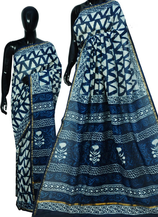 Blue Bagru Printed Pure Cotton Sarees - Dailybuyys