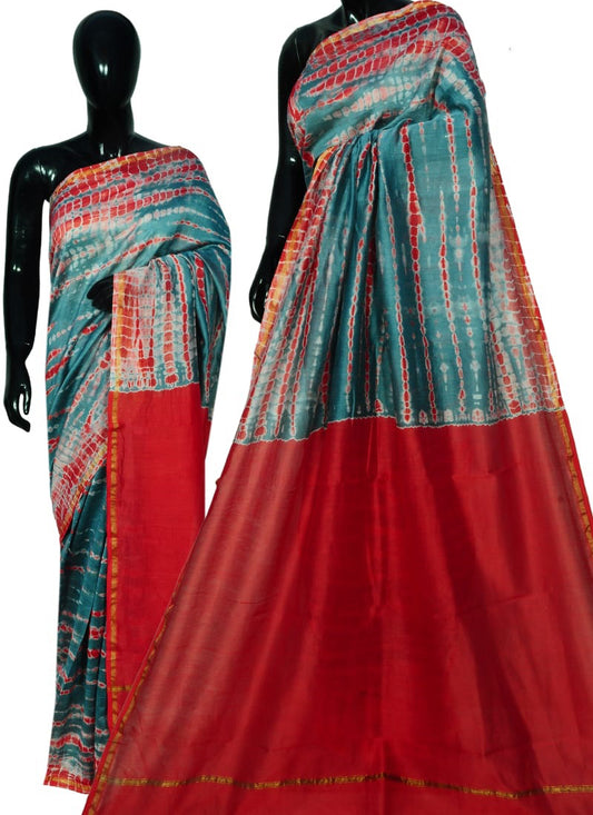 Blue Red Bagru Printed Pure Cotton Sarees - Dailybuyys