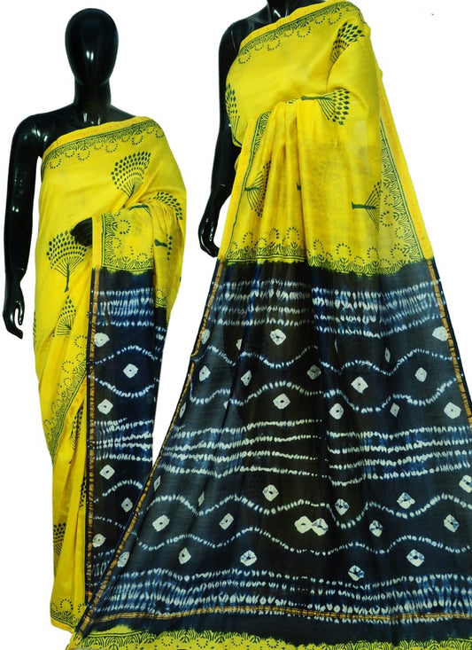 Yellow Black Bagru Printed Pure Cotton Sarees - Dailybuyys