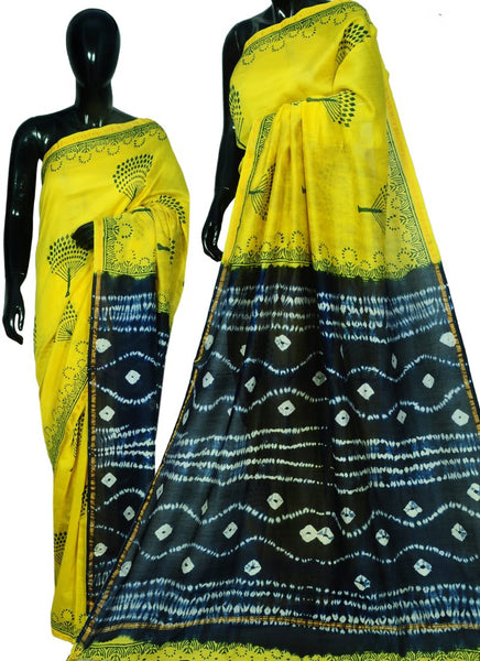 Yellow Black Bagru Printed Pure Cotton Sarees