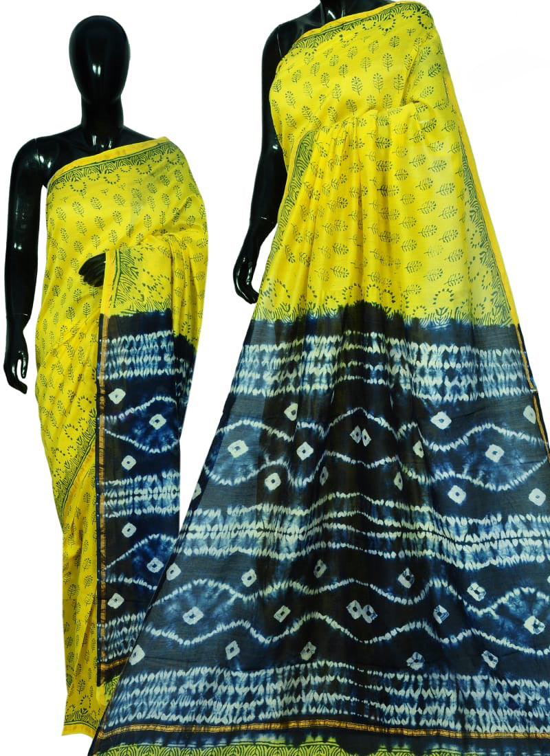 Yellow Blue Bagru Printed Pure Cotton Sarees - Dailybuyys