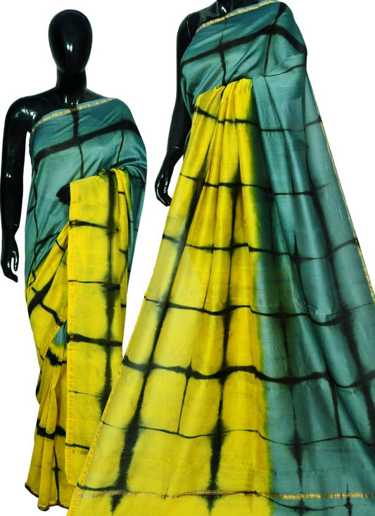 Yellow Blue Bagru Printed Pure Cotton Sarees - Dailybuyys